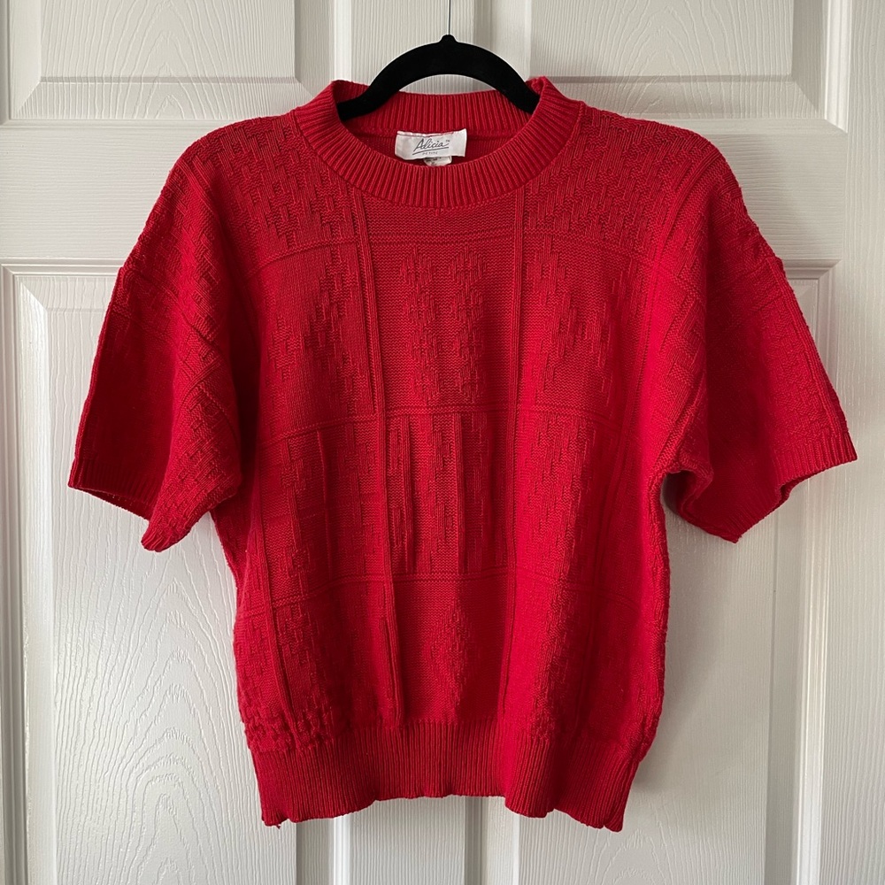 Vintage Alicia Petite Short Sleeve Red Knit Holiday Sweater Womens Small